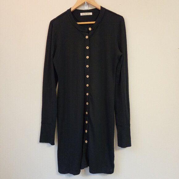 We the Free People Duster Cardigan Dress Thermal Raw Hem Trim Black Women L - Picture 1 of 12